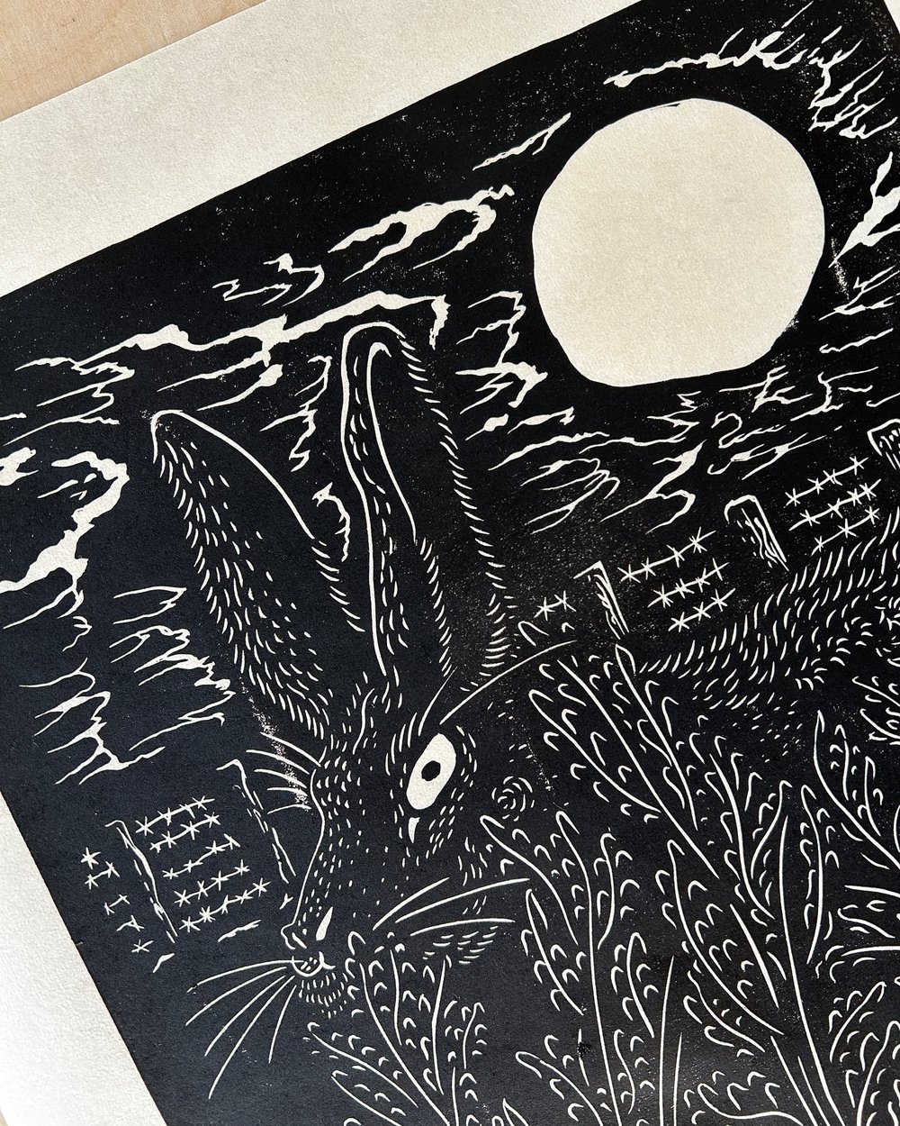 Otsukimi Rabbit Linocut Print