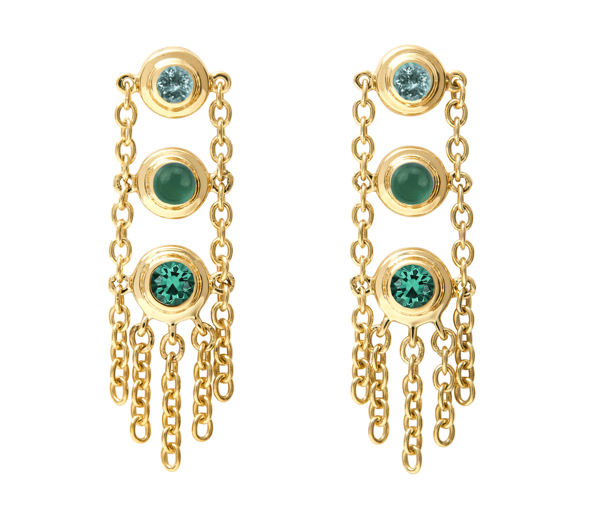Image of Unhada Rails Earrings- 18 kt Emerald/Chrysophase/Apatite Mix