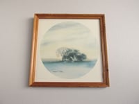 Image 1 of Vintage Stephen Oliver Art Print, Spooky Landscape Trees Sun, c 1970s 1980s, Small Picture, Framed 