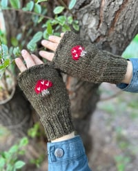 Image 3 of Toadstool fingerless mittens - Celery green - Ready to ship