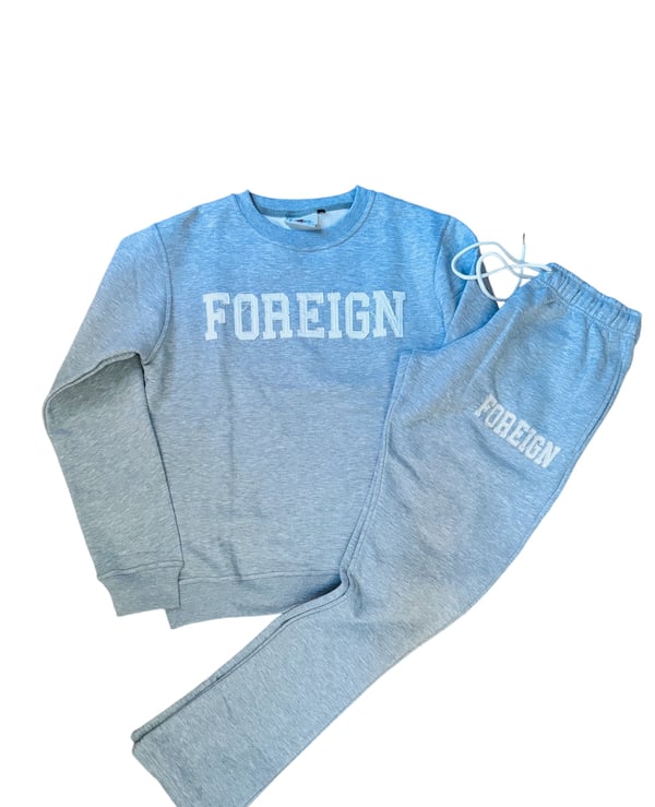 Image of Cool grey crew neck with semi flare pant distressed logo 