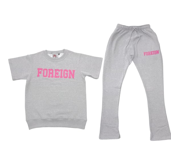 Image of Pink & grey  short sleeve fleece crew neck with semi flare pant distressed logo 