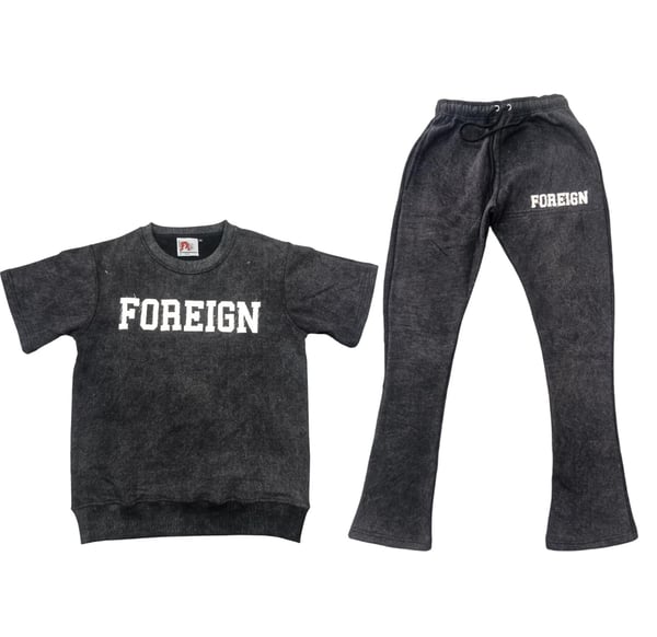 Image of Charcoal acid wash foreign short sleeve fleece crew neck with semi flare pant distressed logo