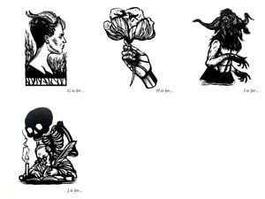 Folk Horror Alphabet linocut prints