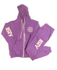 Purple and white zip up sweatsuit