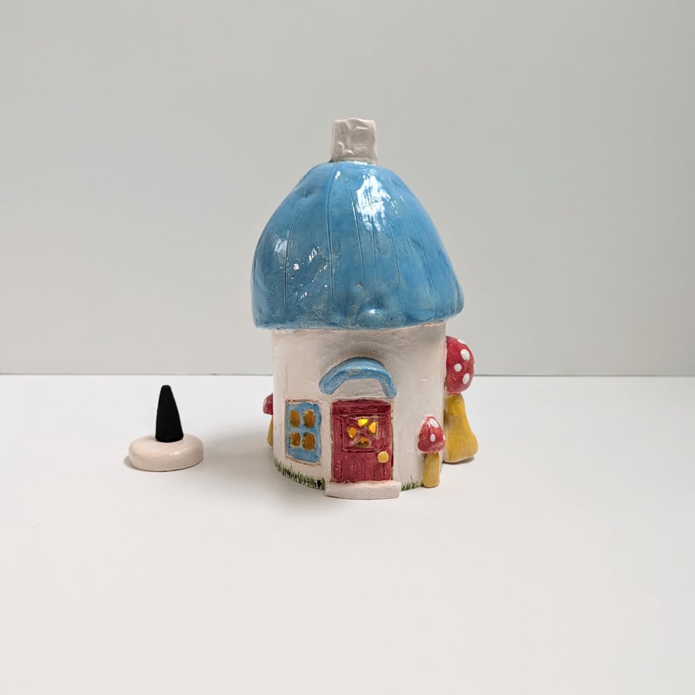 Image of Blue and white with Mushrooms Accent Cottage Luminary or Incense Burner