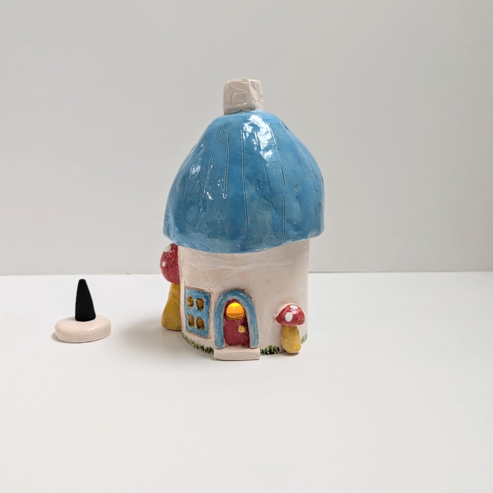 Image of Blue and white with Mushrooms Accent Cottage Luminary or Incense Burner