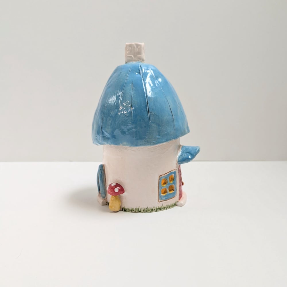 Image of Blue and white with Mushrooms Accent Cottage Luminary or Incense Burner