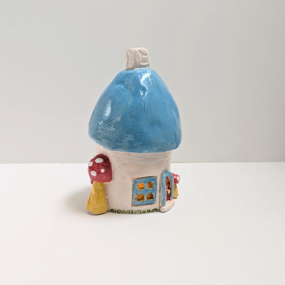 Image of Blue and white with Mushrooms Accent Cottage Luminary or Incense Burner