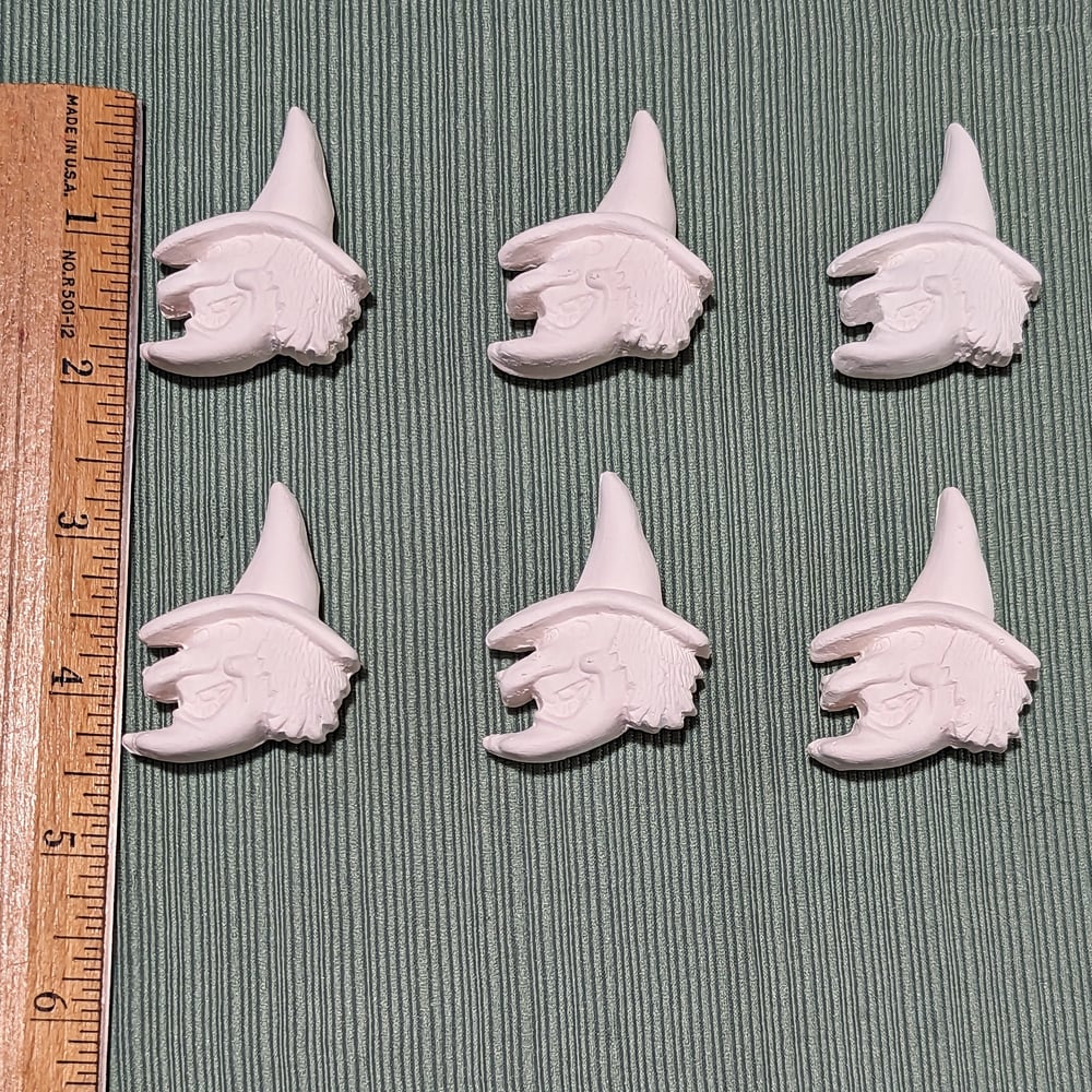 Image of Set of 6 Ceramic Bisque Witch Embossed Magnets Ready to Paint