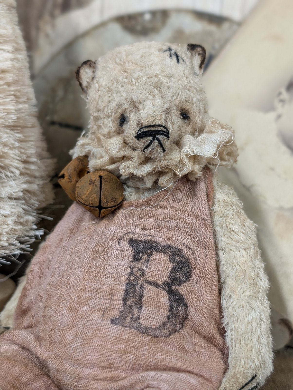 vintage white teddy bear with rompers 7