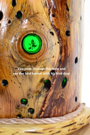 Image of Rustic Spruce Log LED light with hidden pictures inside, Rustic Decor, Unique functional art