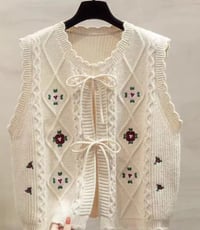 Image 1 of Lace Up Embroider Knit Vest Creme