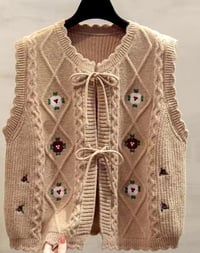 Lace Up Embroider Knit Vest Warm Beige