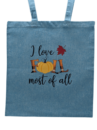 Image 1 of "I Love Fall Most of All" Sunflowers and Pumpkin Themed Eco-Friendly Tote (dual-sided cute images)