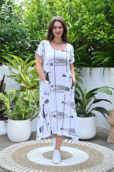 Image of Bella Fish Cotton Linen Dress - White