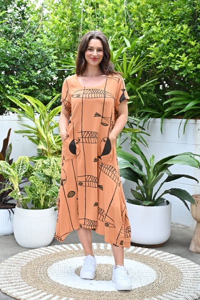 Image of Fish Linen Cotton Dress Sleeve - Rust