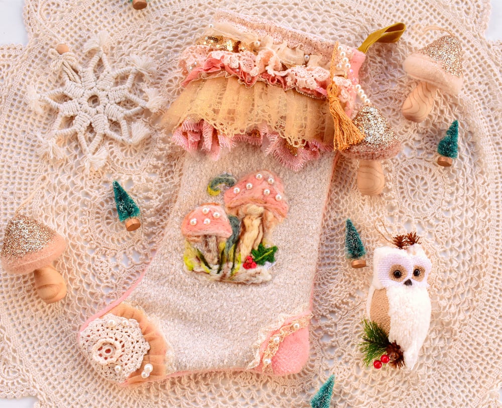 Image of Champagne & Blush Snowy Mushrooms Stocking no. 004