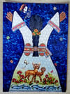 Bosque Goddess Lucia mixed media art quilt by Sabrina Zarco / Oversized Postcard