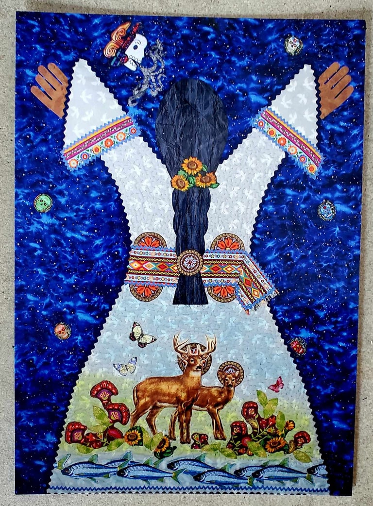 Bosque Goddess Lucia mixed media art quilt by Sabrina Zarco / Oversized Postcard