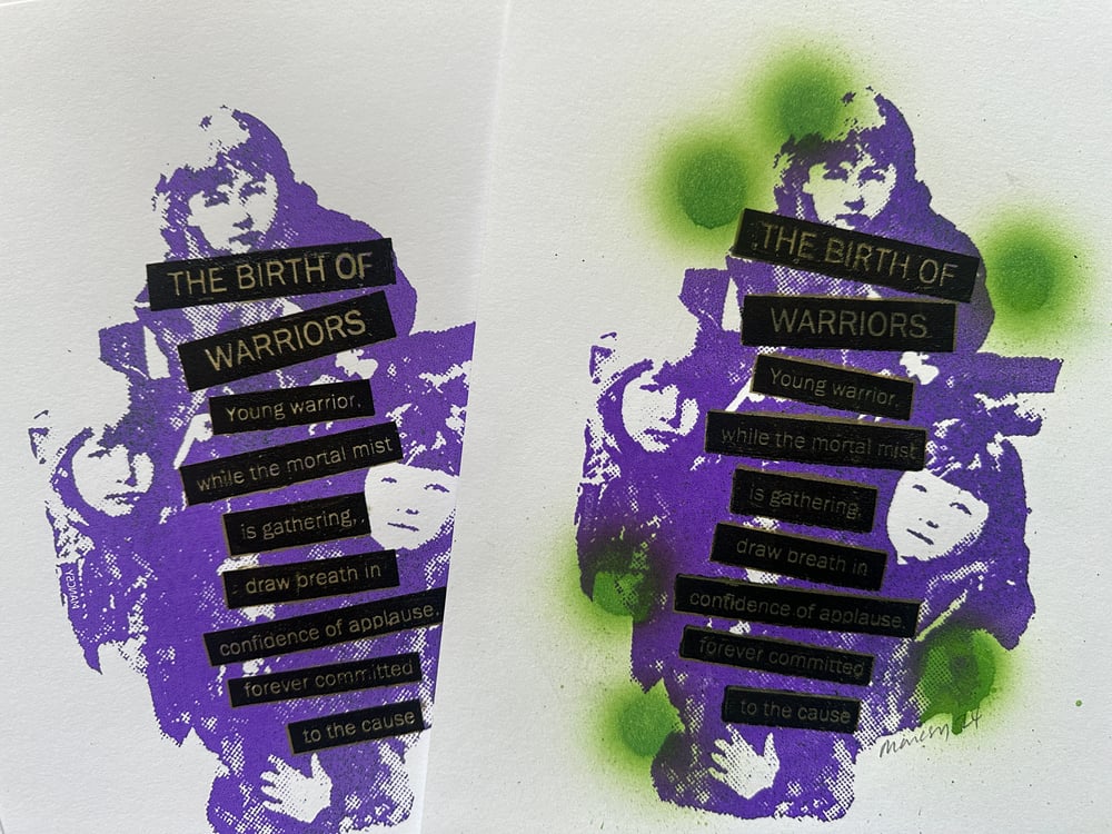 Image of A4 Young Warriors screen print with spray paint
