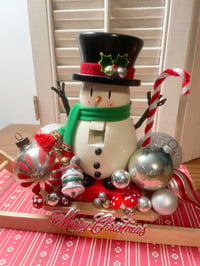 Image 2 of So Jolly Wooden Snowman On Sled with Lots of Christmas Sparkle