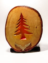 Image 1 of Rustic Bass Wood with Pine Base, LED light behind a pine tree sihlouette, Rustic Table Decor