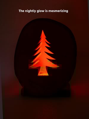 Image of Rustic Bass Wood with Pine Base, LED light behind a pine tree sihlouette, Rustic Table Decor