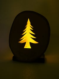 Image 3 of Rustic Bass Wood with Pine Base, LED light behind a pine tree sihlouette, Rustic Table Decor