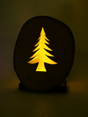 Image of Rustic Bass Wood with Pine Base, LED light behind a pine tree sihlouette, Rustic Table Decor