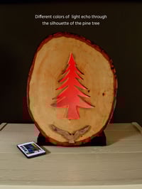 Image 7 of Rustic Bass Wood with Pine Base, LED light behind a pine tree sihlouette, Rustic Table Decor