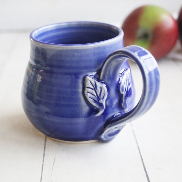 Image of Blueberry Blue Mug with Carved Leaf Design, 14 Ounce, Garden Mug, Made in USA