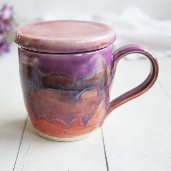 Image of Cheerful Mug with Warming Lid, Shades of Purple Pottery Mug, Made in USA