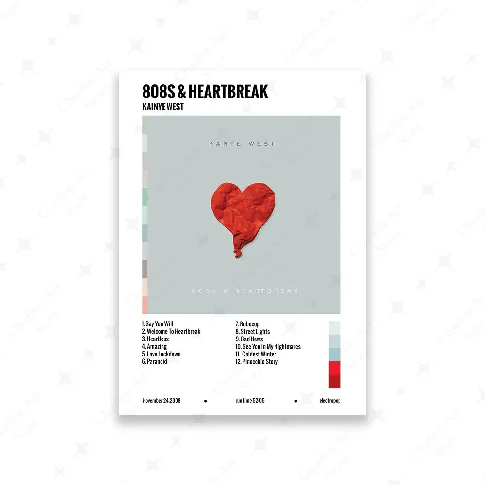 Image of Kanye West 808s & Heartbreak Album Cover Canvas with Tracklist – Iconic 2008 Art Poster