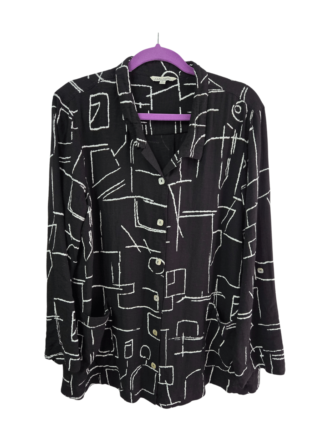 Image of Black & White Ethnic Print Long-Sleeve Button-Up