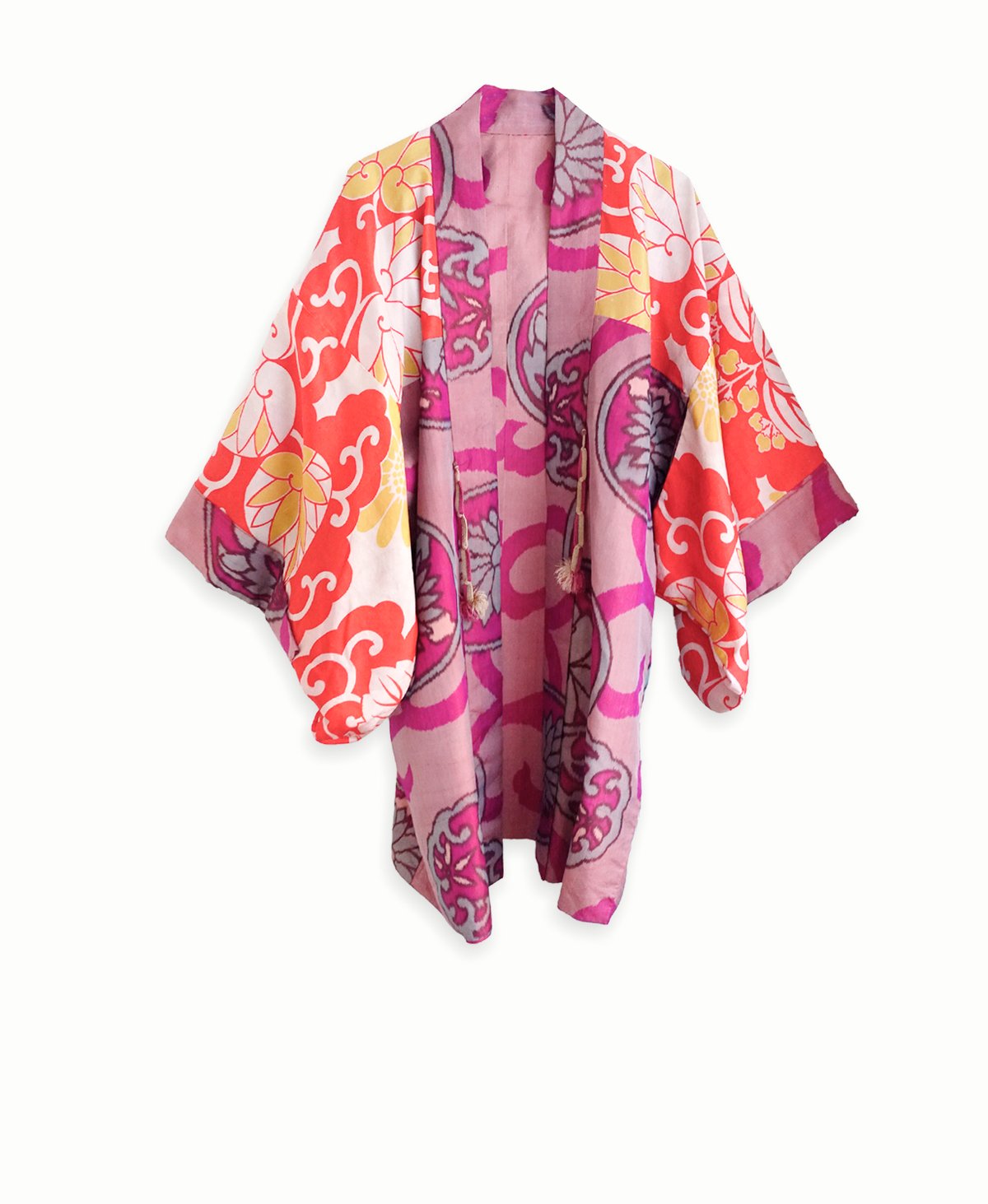 Image of Kort kimono dame af silke med kejserblomster og bindebånd - vendbar