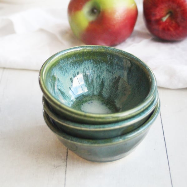 Image of Set of Three Small Ceramic Bowls, Handcrafted Stoneware Prep Bowls, Green Pottery Made in USA