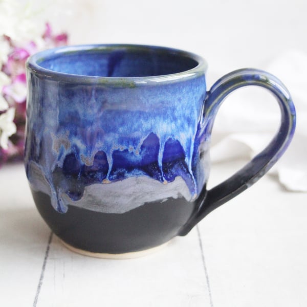 Image of Handcrafted Pottery Mug in Dripping Blue Glazes, 14 Ounce Gorgeous Artful Mug, Made in USA