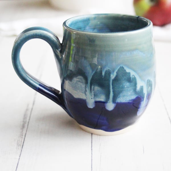 Image of Teal Green and Blue Mug with Dripping Glazes, 14 Ounce Handcrafted Pottery Mug, Made in USA