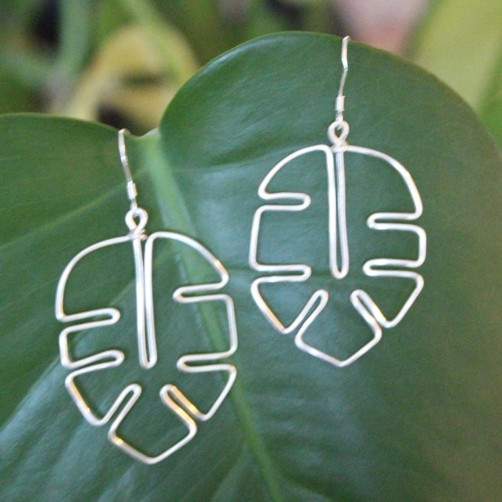 Image of Lightweight Handmade Unique Wire Earrings, Monstera Leaf Earrings, Nature Earrings