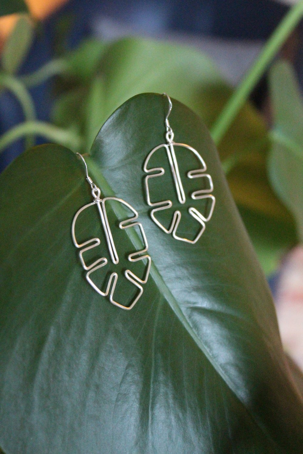 Image of Lightweight Handmade Unique Wire Earrings, Monstera Leaf Earrings, Nature Earrings