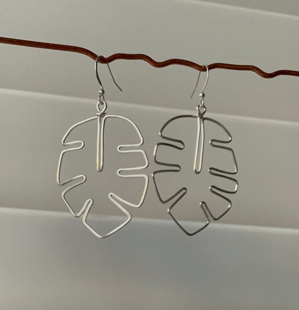 Image of Lightweight Handmade Unique Wire Earrings, Monstera Leaf Earrings, Nature Earrings
