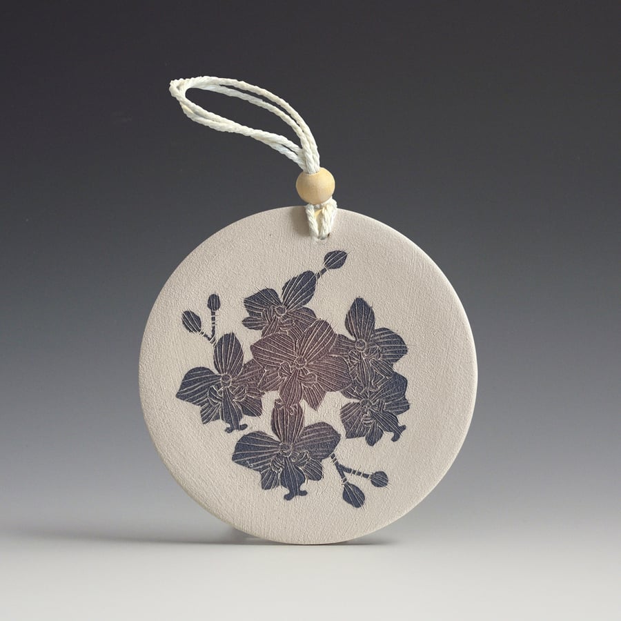 Image of Orchid beaded sgraffito ceramic wall hanging