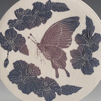 Image 2 of Butterfly & Hibiscus sgraffito ceramic wall hanging