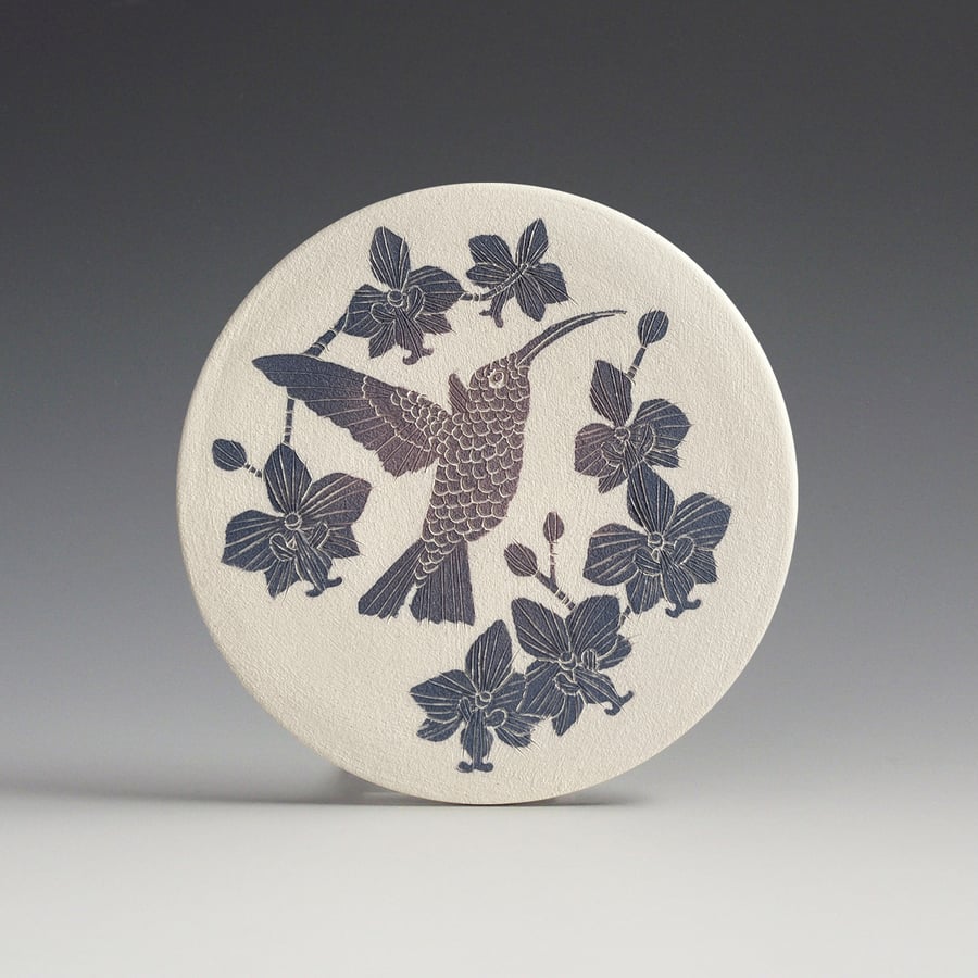 Image of Hummingbird & Orchid sgraffito ceramic wall hanging