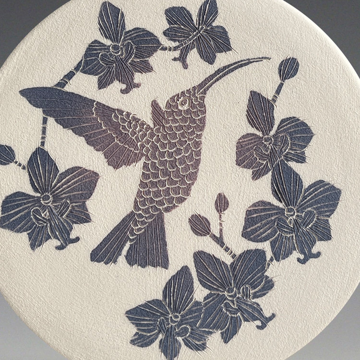 Image of Hummingbird & Orchid sgraffito ceramic wall hanging