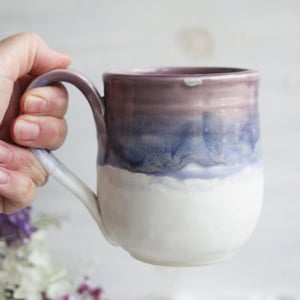 Image of Purple and White Pottery Mug with Dripping Glaze, 14 Ounce Ceramic Mug, Made in USA