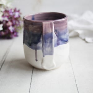 Image of Purple and White Pottery Mug with Dripping Glaze, 14 Ounce Ceramic Mug, Made in USA