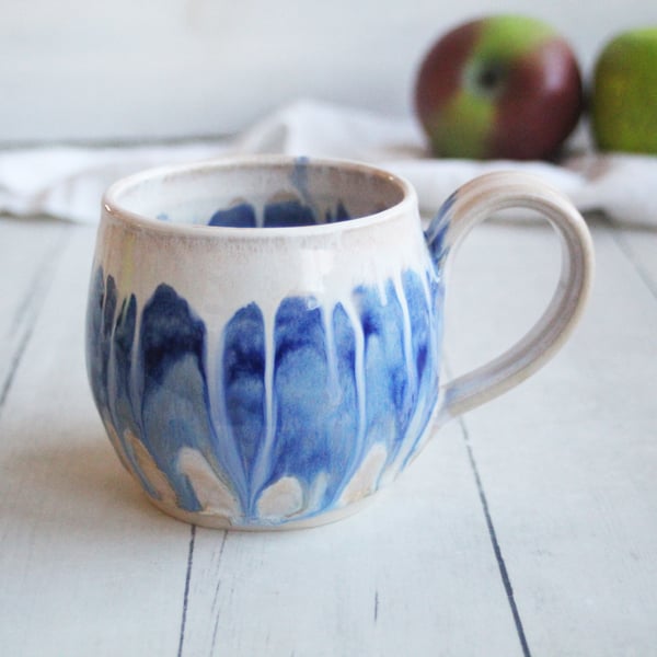 Image of Handmade Pottery Mug with Dripping Blue and White Glazes, Artful 13 Ounce Coffee Cup, Made in USA