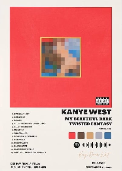 Image of Kanye West 'My Beautiful Dark Twisted Fantasy' Album Poster - Including Album tracklist